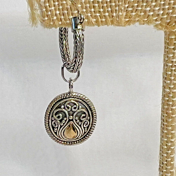 Signed BA Sterling Silver 18k Gold Hoop Earrings w/ Charm Byzantine Balinese - Picture 3 of 6